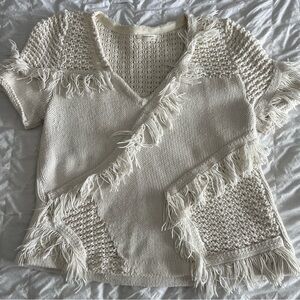 Anthropologie Knit Tassel VNeck Womens Cream Sweater